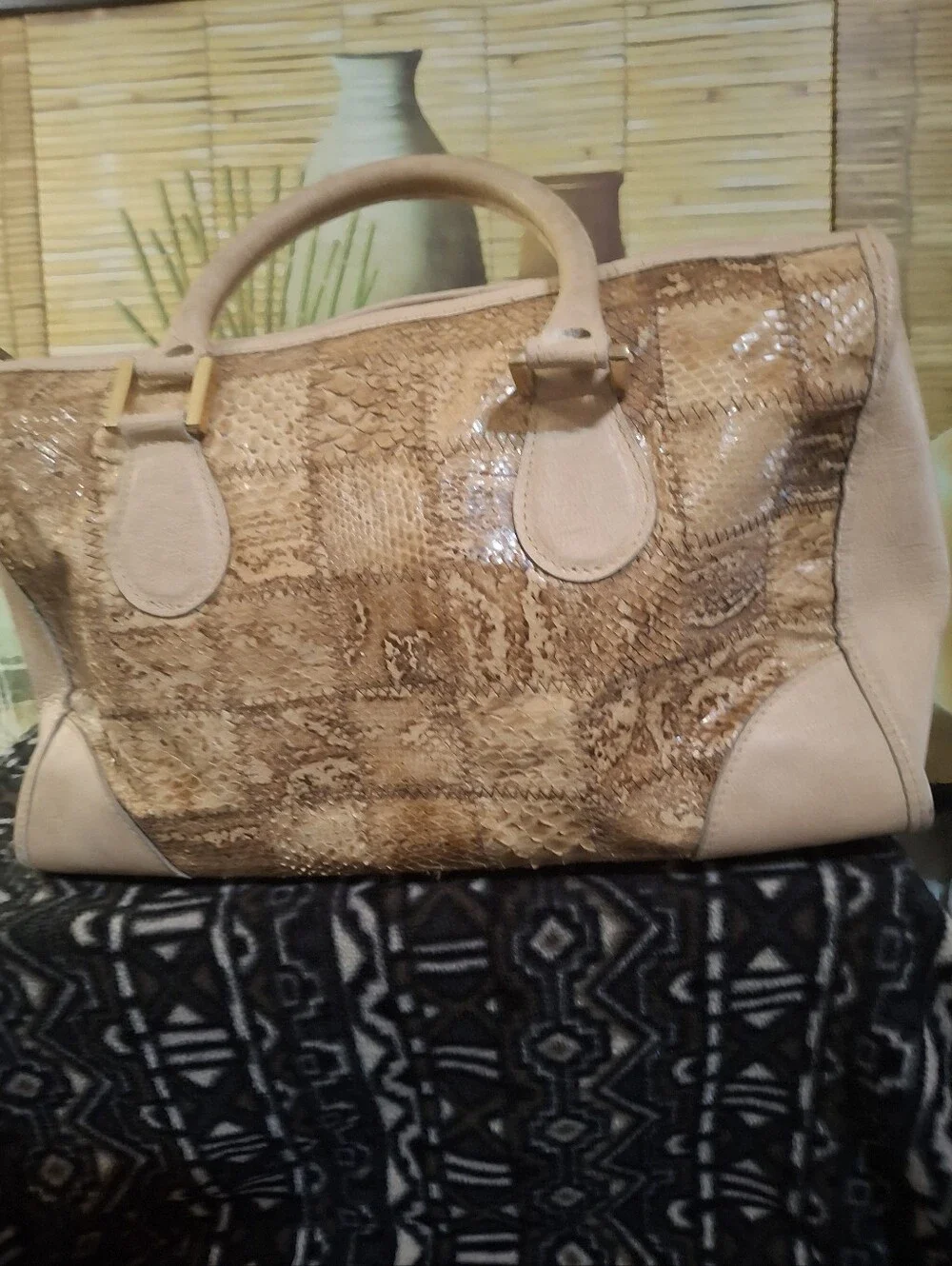 Beige Snake-Texture Satchel Handbag